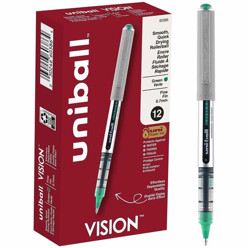 Uni-Ball Vision Rollerball Pen, 0.7 mm Fine, Green Ink, Uni Super Ink, 12/PK