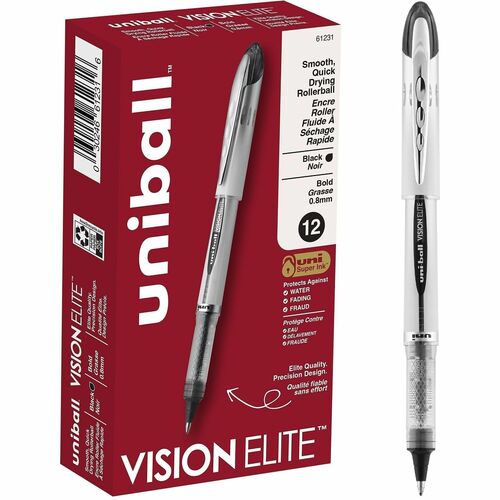 Uni-Ball Vision Elite Rollerball Pen, 0.8mm Bold Tip, Gel Black Ink, Refillable, Fraud-Resistant, Fade-Resistant, Water-Resistant, Airplane-Safe