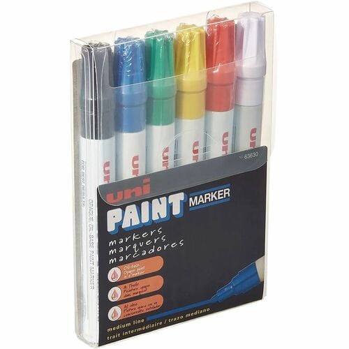 Uniball Paint Marker, Uni Paint Series, Medium Bullet 1.8-2.2mm Tip, Oil-Based Ink, Assorted Colors, 6/Set