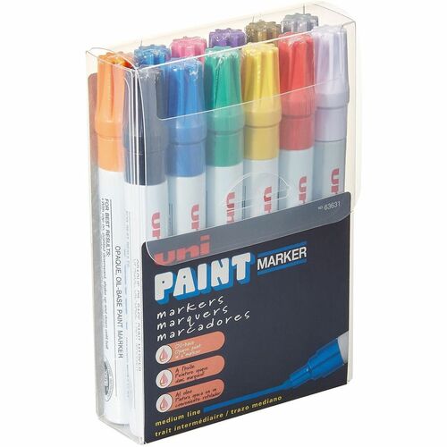 Uni-Ball Paint Marker, Uni Paint, Medium Bullet Tip 1.8-2.2mm, Oil-Based Ink, Assorted Colors, Metal Barrel, 12/SET