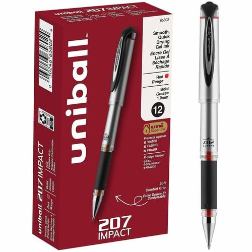Uni-Ball 207 Impact Gel Pen, 1 mm Bold Point, Red Ink, Refillable, Silver Barrel, Comfort Grip, 12/PK
