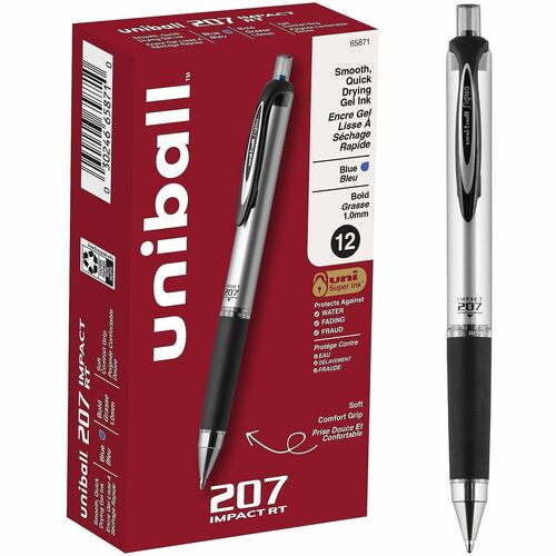 Uniball 207 Impact Gel Pen, 1.0mm Bold Point, Blue Ink, Retractable, Refillable, Comfort Grip, Stainless Steel Tip