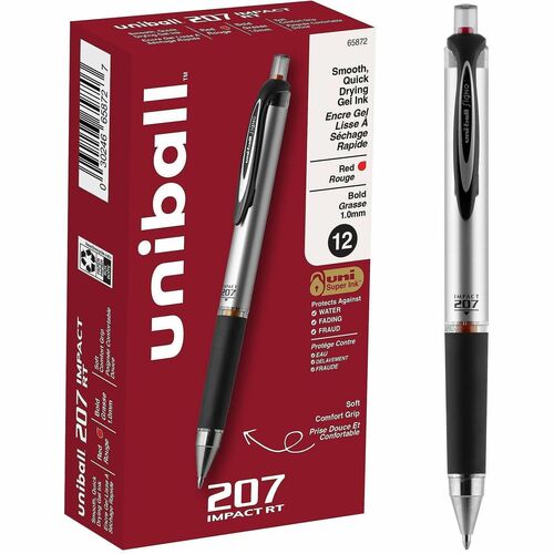 Uni-Ball Gel Pen, 207 Impact, Retractable, Refillable, 1.0mm Bold Point, Red Ink, Gray/Silver Barrel