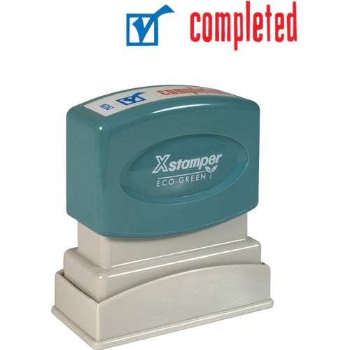 Xstamper Pre-Inked Stamp, Completed Title Message, 1/2" x 1-5/8", Red/Blue, 100,000 Impressions, Re-Inkable, Spring-Activated Retractable