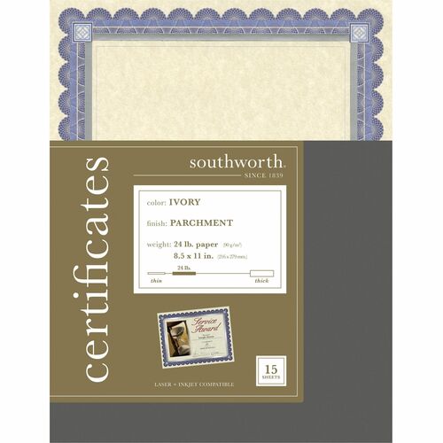 Southworth CT1R Foil Enhanced Parchment Certificates - 24 lb Basis Weight - 8.5" Width x 11" Length - Inkjet, Laser Compatible - Ivory with Blue, Silver Border - Parchment Paper - 15 / Pack