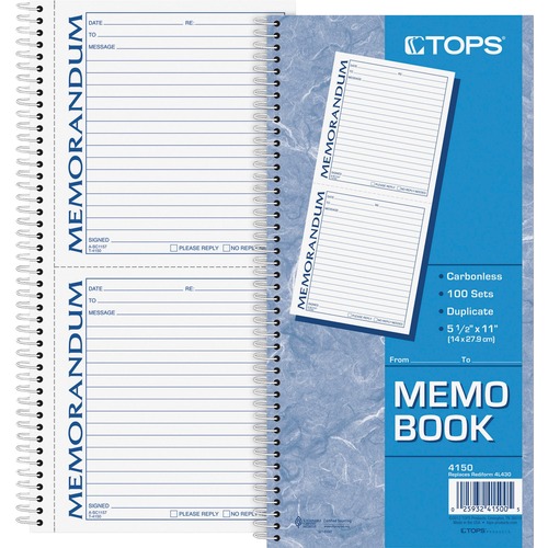 TOPS Memo Form Book, 2-Part Carbonless, Spiral-Bound, 5.5" x 5" Forms, 100 Sheets, White/Canary, Blue/Red Print, Perforated