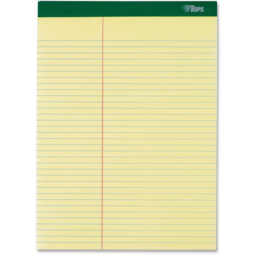 TOPS Notepad, Top-Bound Letr-Trim Perforated, Law-Ruled 11/32" Lines, 100 Sheets, 8.5" x 11.75", Canary Paper, Marble Green Binding, 6/PK