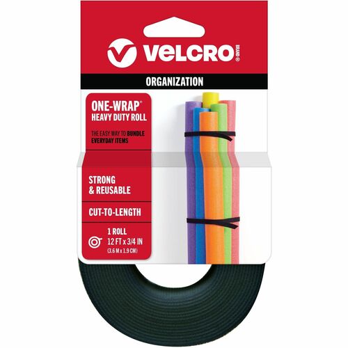 Velcro, Hook and Loop Fastener, One-Wrap, 0.75" x 12 ft, Black, 40 lb Break Strength, Reusable, Adjustable