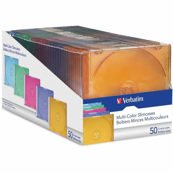 Verbatim CD/DVD Color Slim Jewel Cases, Assorted - 50pk - Jewel Case - Book Fold - Plastic - Blue, Green, Yellow, Purple, Pink - 1 CD/DVD"""