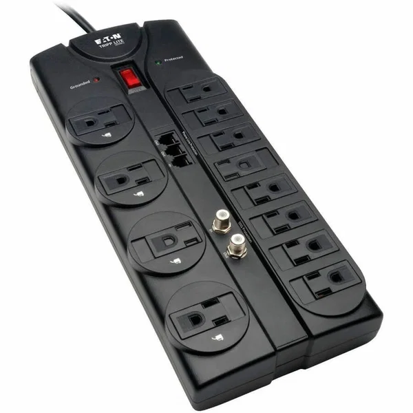 Tripp Lite by Eaton Protect It! 12-Outlet Surge Protector 8 ft. (2.43 m) Cord 2880 Joules Tel/Modem/Coaxial Protection - 12 x NEMA 5-15R - 1875 VA - 2880 J - 120 V AC Input - Phone/Fax/Modem/DSL, Coaxial Cable Line