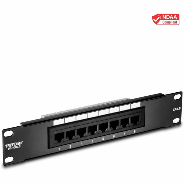 TRENDnet 8-Port Cat6 Unshielded Patch Panel, TC-P08C6, Rackmount, 10 Inch Wide, 8 x Gigabit RJ-45 Ethernet Ports, Pre-numbered Ports, 250 Mhz Connection, Color Coded Labeling, 110 IDC Terminal Blocks - 8-Port Cat. 6 Unshielded Patch Panel (10" wide)