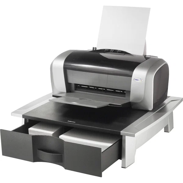 Fellowes Office Suites™ Printer Stand - 50 lb Load Capacity - 1 x Shelf(ves) - 5.25" Height x 21.25" Width x 18.06" Depth - Desktop - High Performance Steel (HPS) - Silver, Black