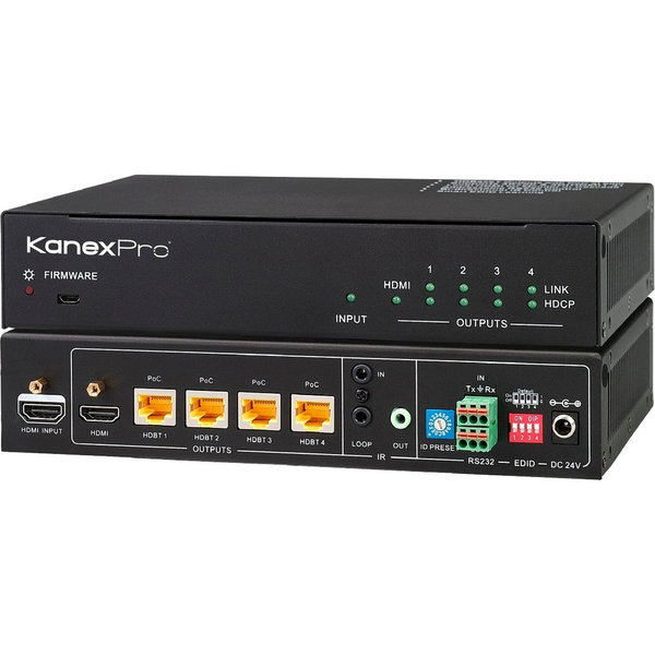 KanexPro 4K HDBaseT 1x4 Distribution Amplifier up to 230 feet (70m) - 1 Input Device - 230 ft Range - 4 x Network (RJ-45) - 1 x USB - 1 x HDMI In - 1 x HDMI Out - 4K - 4096 x 2160 - Twisted Pair - Category 6 - Rack-mountable, Wall Mountable