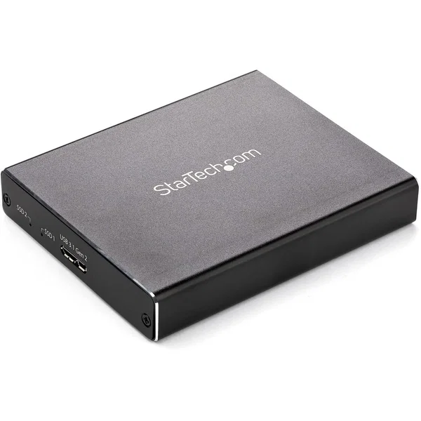 StarTech Dual M.2 Enclosure, RAID, M.2 SATA SSD Enclosure, USB 3.1 (10 Gbps), USB-C & USB-A External Enclosure, Aluminum, TAA - Turn two M.2 SATA drives into ultra-fast portable storage with RAID for increased performance or redundancy - Dual M.2 SATA SSD