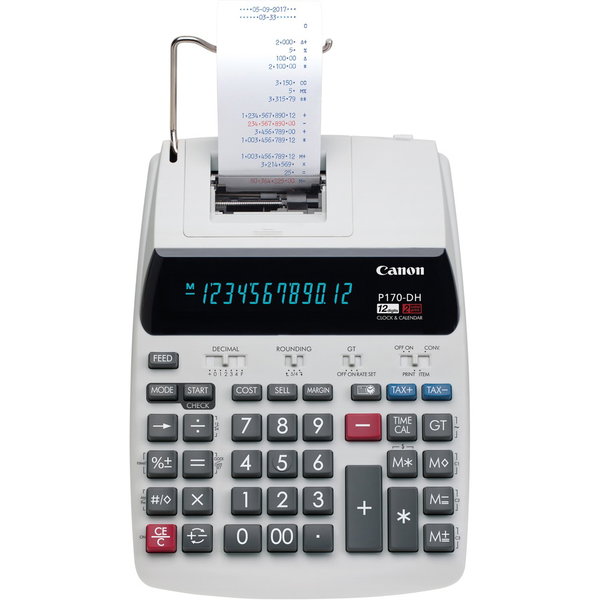 Canon P170-DH-3 Printing Calculators - Dual Color Print - Black/Red Print - 2.3 lps - Calendar, Clock, Item Count, Sign Change, Compact, 4-Key Memory, Dual Power - 12 Digits - AC Supply, Battery Powered - 2.5" Height x 7.8" Width x 10.7" Depth - White - D
