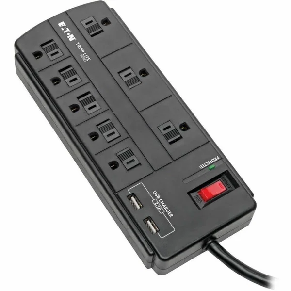 Tripp Lite by Eaton 8-Outlet Surge Protector with 2 USB Ports (2.1A Shared) - 8 ft. (2.43 m) Cord 1200 Joules Black - 8 x NEMA 5-15R, 2 x USB - 1875 VA - 1200 J - 120 V AC Input