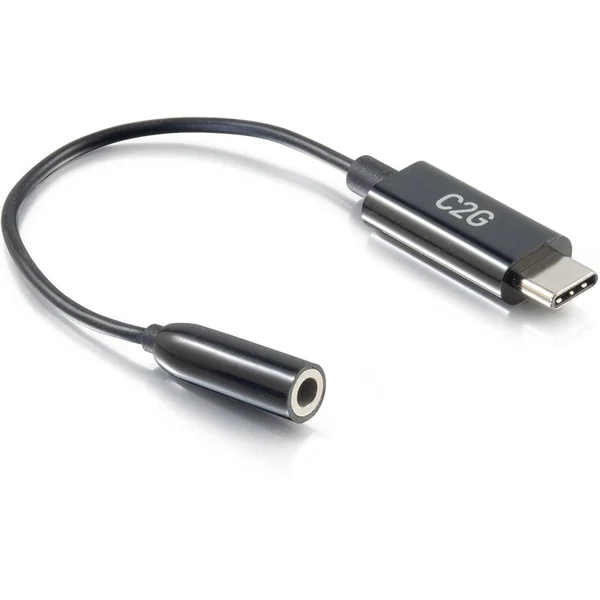 C2G USB-C to AUX Adapter Converter - 3.5mm, Supports High Resolution Audio, Black - 0.39˘ Mini-phone/USB Audio Cable for Headphone, Speaker, Smartphone, Tablet, Audio Device - First End: 1 x Mini-phone Stereo Audio - Female - Second End: 1 x USB 3.1 