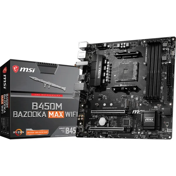 MSI B450M BAZOOKA MAX WIFI Desktop Motherboard - AMD B450 Chipset - Socket AM4 - Micro ATX - Ryzen 3 Processor Supported - 64 GB DDR4 SDRAM Maximum RAM - UDIMM, DIMM - 4 x Memory Slots - Gigabit Ethernet - IEEE 802.11a/b/g/n/ac - HDMI - 4 x SATA Interface