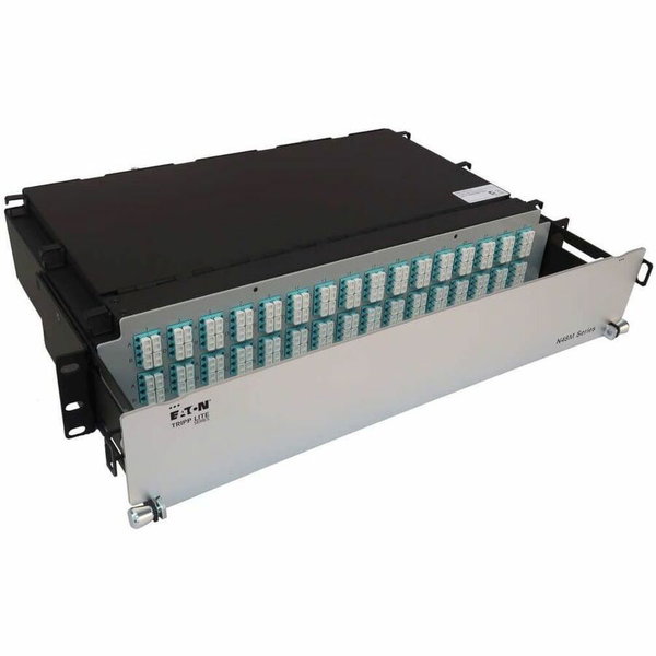 Eaton Tripp Lite Series Preloaded Fiber Patch Panel, 2U - 32x (12F MTP/MPO-PC to 4x LC Duplex F/F) 8F Trunk Cables, OM4 Multimode, 3 m (9.8 ft.) - 128 x Duplex - 2U High - Aqua - 19" Wide - Rack-mountable