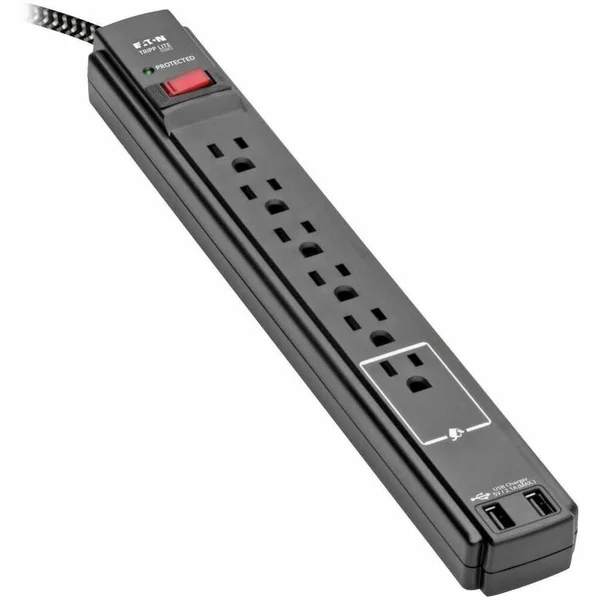 Eaton Tripp Lite Series Safe-IT 6-Outlet Surge Protector, 2 USB Charging Ports, 10 ft. Cord, 5-15P Plug, 990 Joules, Antimicrobial Protection, Black - 6 x NEMA 5-15R, 2 x USB - 1875 VA - 990 J - 120 V AC Input
