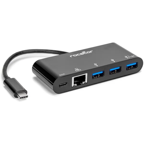 Rocstor USB-C to 3-Port USB-A, USB-C & RJ45 Multiport Adapter - USB 3.0 Hub - for Desktop PC, Notebook - 60 W - USB Type C - 3 x USB 3.0 - 3 x USB Type-A Ports - USB Type-A - 1 x USB Type-C Ports - USB Type-C - 1 x RJ-45 Ports - Network (RJ-45) - Black - 