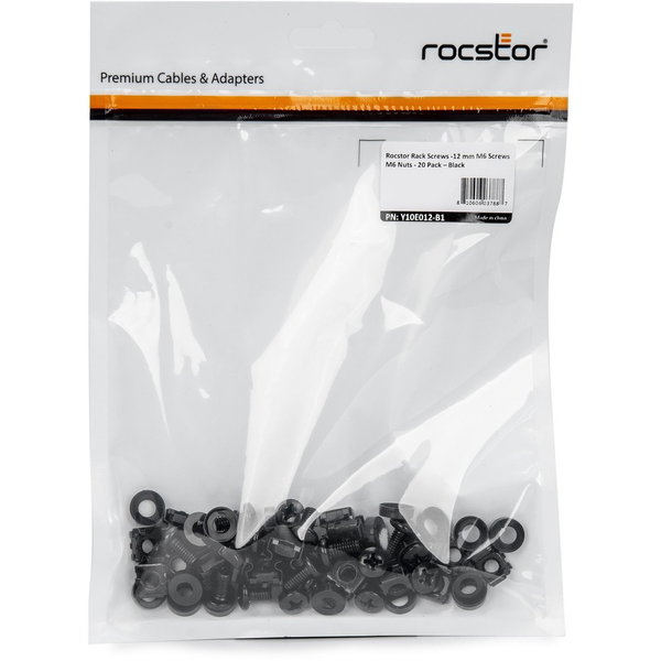 Rocstor Rack Screws - 20 Pack - Black - 12 mm M6 Screws - M6 Nuts - 20 Sets of Cabinet Mounting Screws and Cage Nuts - To Install rack-mountable devices/hardware securely with Rocstor heavy-duty cabinet mounting screws and rack nuts - Server rack nuts - M