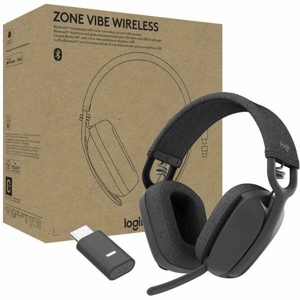 Logitech Zone Vibe Wireless Bluetooth® headphones with USB receiver and noise-canceling mic - Logitech Zone Vibe Wireless Bluetooth Headphones with Noise Canceling Microphone, USB-A, USB-C, for Microsoft Teams, Mac/PC