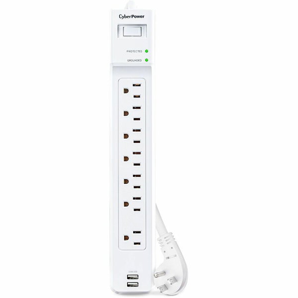 CyberPower P704URC1 Home and Office 7 - Outlet Surge Protector with 2000 J Surge Suppression - Clamping Voltage 600V, 4 ft Cord, NEMA 5-15P, 45° Offset Right, 15 Amp, 2 - 2.4 Amps (Shared) USB, EMI/RFI Filtration, White, RG6 Coaxial Protection, 1YR Wa