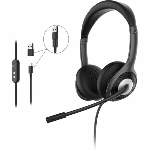 Morpheus 360 Connect USB Stereo UC Headset with Boom Microphone HS5600SU - Adjustable Headband - 32 Ohm - 20 Hz - 20 kHz - 6 ft Cable - USB-A connector - Type-C adapter - Noise Reduction Mic - Eco-Leather Ear Cushions - Inline Volume Controls
