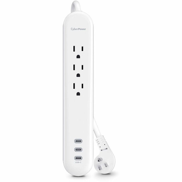 CyberPower P304UC3 Home and Office 3 - Outlet Surge Protector with 500 J Surge Suppression - Clamping Voltage 900V, 4 ft Cord, NEMA 5-15P, Low Profile, 3 - 6 Amps (Shared) USB, NoWhite, RG6 Coaxial Protection, 1YR Warranty