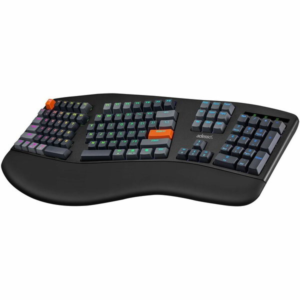 Adesso Easy Touch 1500 Ergonomic Mechanical Keyboard with Cherry MX Red Switch - Wired/Wireless Connectivity - Bluetooth/RF - 2.40 GHz - USB Type C Interface - RGB LED - 104 Key(s) - CoPilot, Windows Key Hot Key(s) - Windows, macOS, Android - English (US)