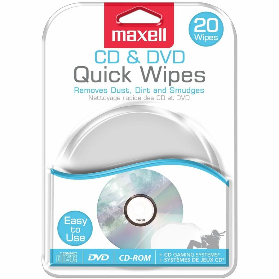 Maxell CD & DVD Quick Wipes - For CD/DVD, Home - Non-abrasive, Damage Resistant, Individually Wrapped - 20 / Pack