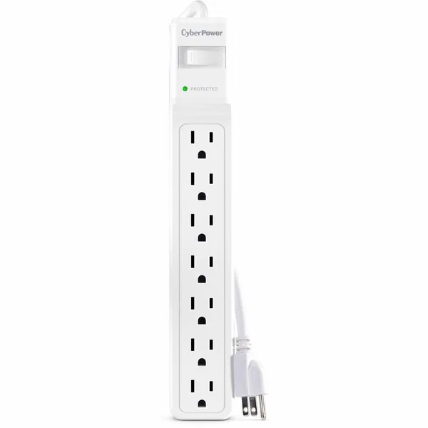 CyberPower CSB706W Essential 7 - Outlet Surge Protector with 1800 J Surge Suppression - Clamping Voltage 800V, 6 ft Cord, NEMA 5-15P, Straight, 15 Amp, EMI/RFI Filtration, White, RG6 Coaxial Protection, Lifetime Warranty