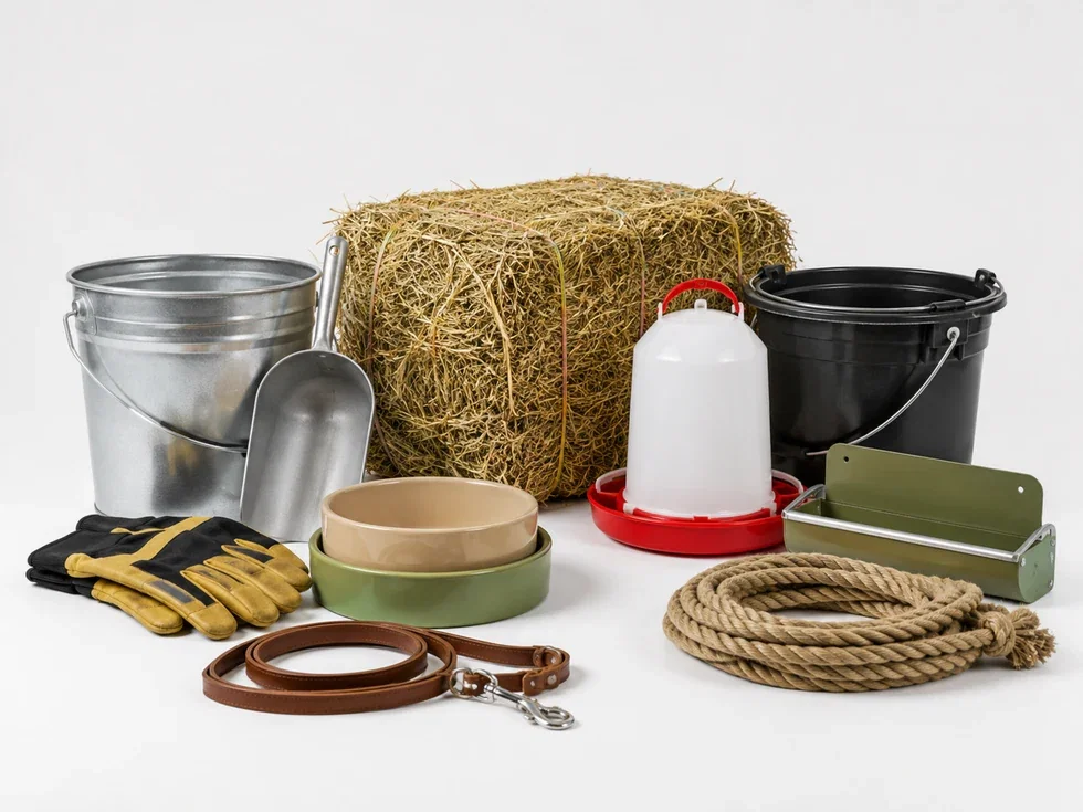 Farm, ranch, and pet supplies including a hay bale, metal bucket, scoop, pet bowls, rope, feeder, leash, and work gloves.