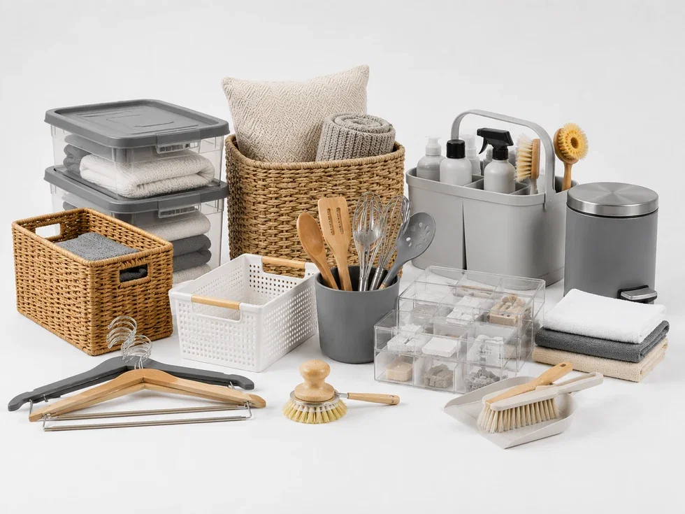 Home organization and housewares including storage bins, woven baskets, towels, kitchen utensils, hangers, cleaning caddy, and organizer trays.