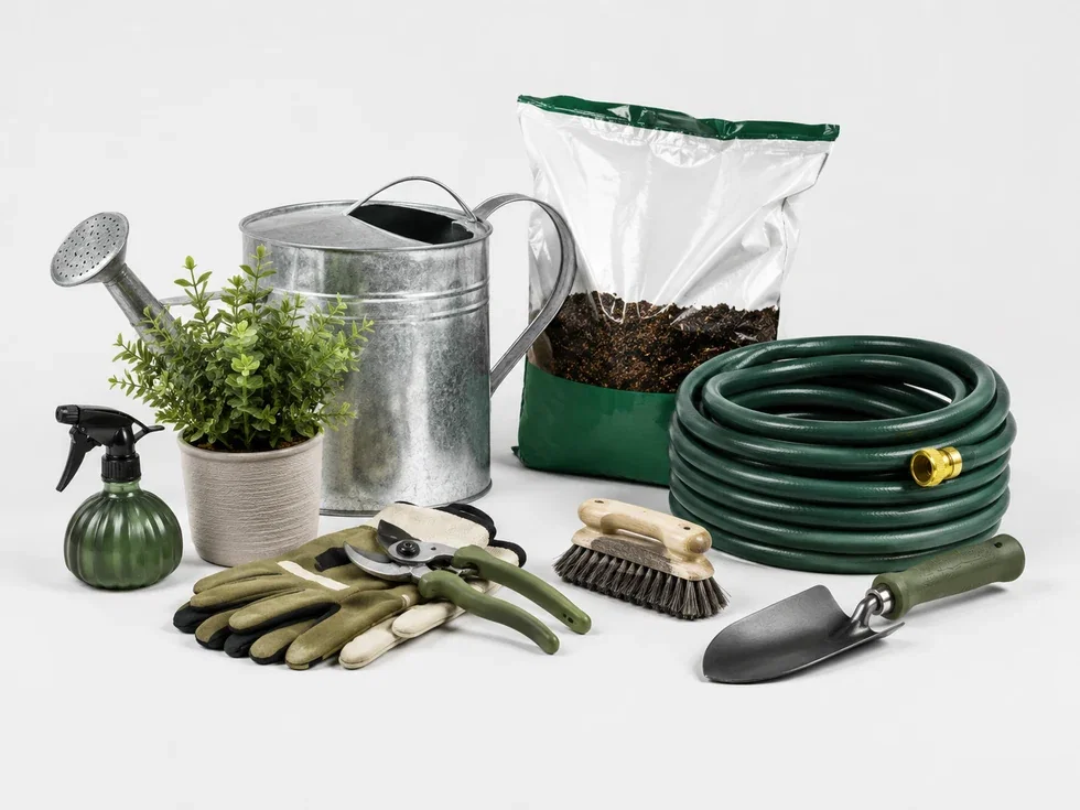 Lawn, garden, and outdoor products including a watering can, hose, potting soil, gloves, pruning shears, brush, trowel, and potted plant.