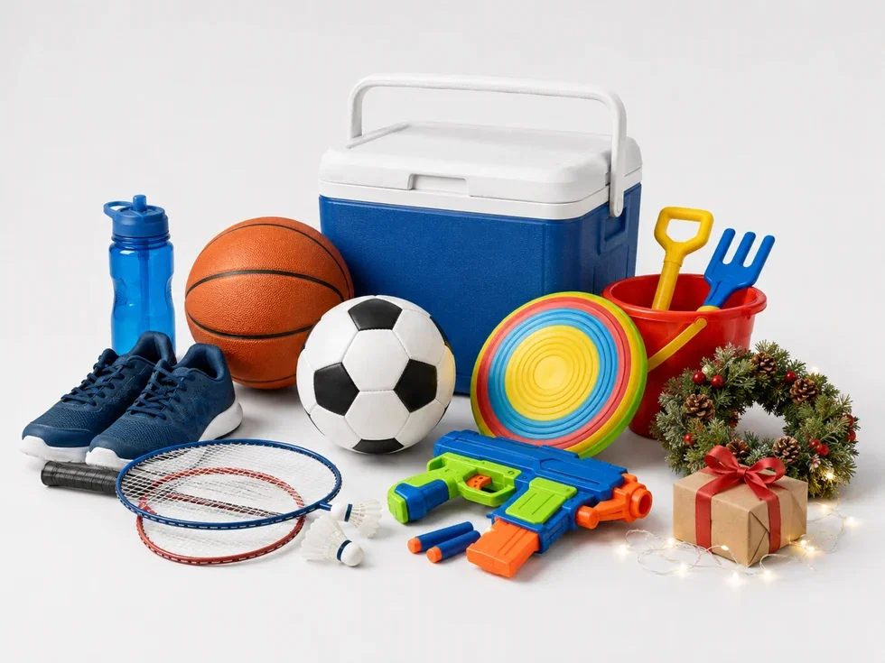 Sporting goods, toys, and seasonal products including a cooler, soccer ball, basketball, athletic shoes, beach bucket, toy items, wreath, and gift box.